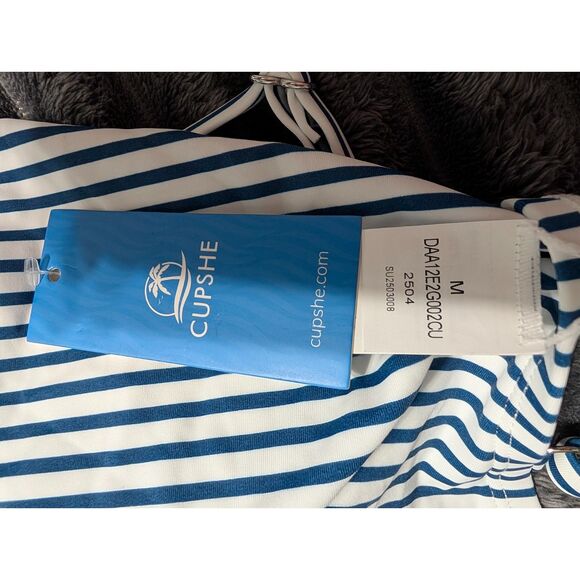 Cupshe NWT Nautical Stripe One Piece Size M Tummy Control V-Neck - Picture 8 of 9